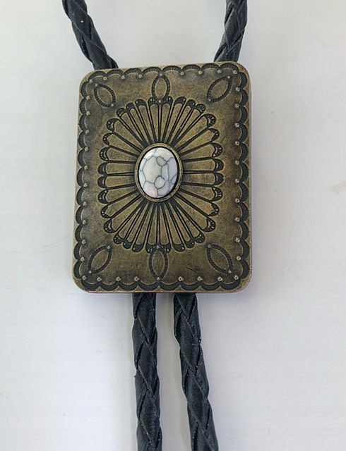 Bolo kravata westernová hnědá s tyrkysovou bílou zadní stranou, přírodní kůže bolo tie
