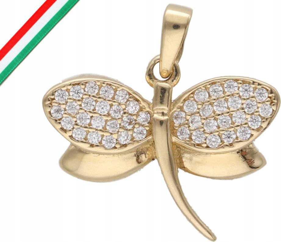 Zlatý přívěsek 585 vážka s bílými zirkony, moderní vzor 14k