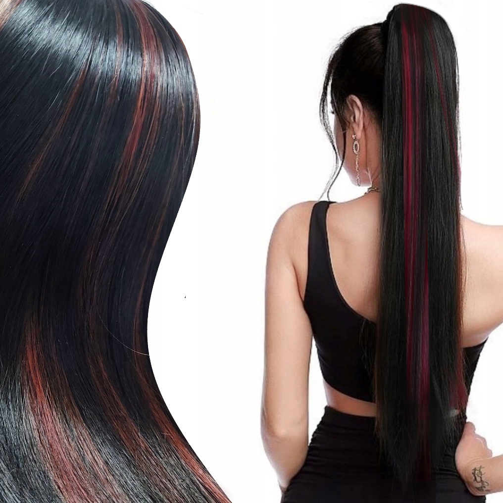 Poník Připínací vlasy příčesek Černý s Pramínky připínáček kitka Black&wine