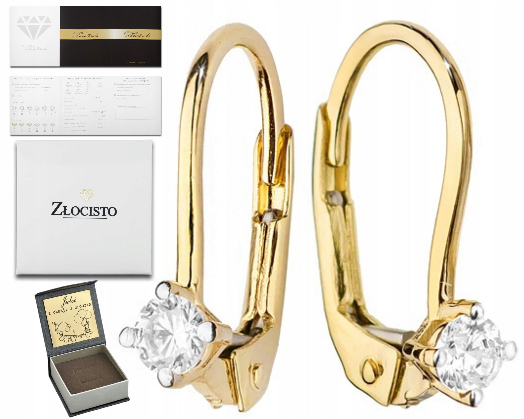 Zlaté Náušnice Se Závěsnými Brilianty 0,16 Ct 0,585