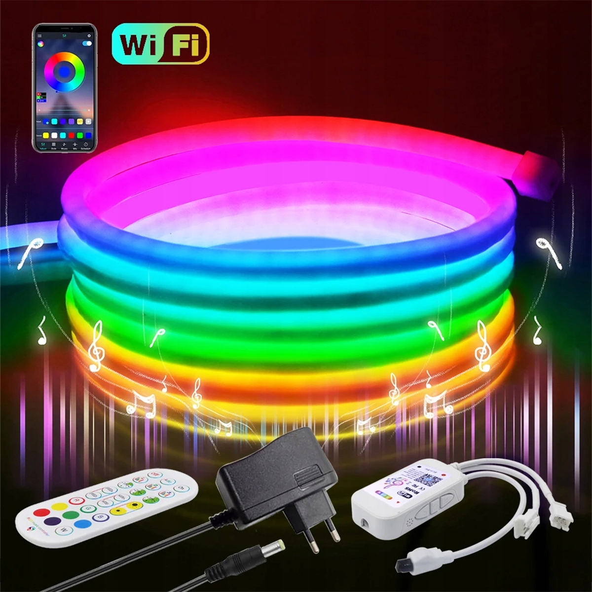 Taśma Neon Led 5M 5050 Rgb Wifi Tuya Aplikacja Pilot Wododporna 108LED/M