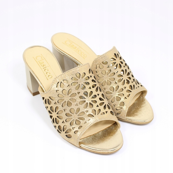 Ažurové zlaté nazouváky na podpatku Clasicco 0446 r36