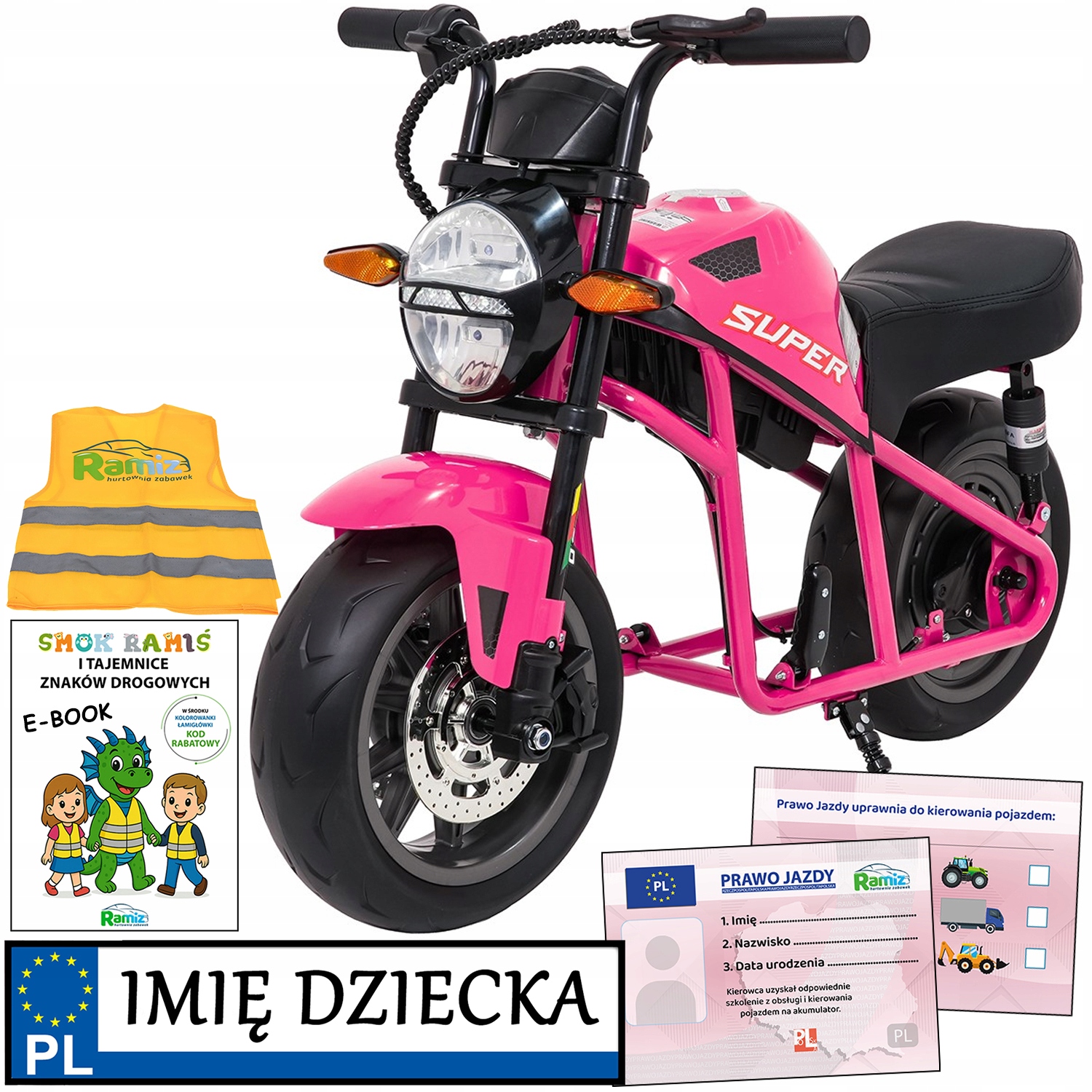 duży mocny motor na akumulator dla dziewczynki Supermoto silnik 300W róż