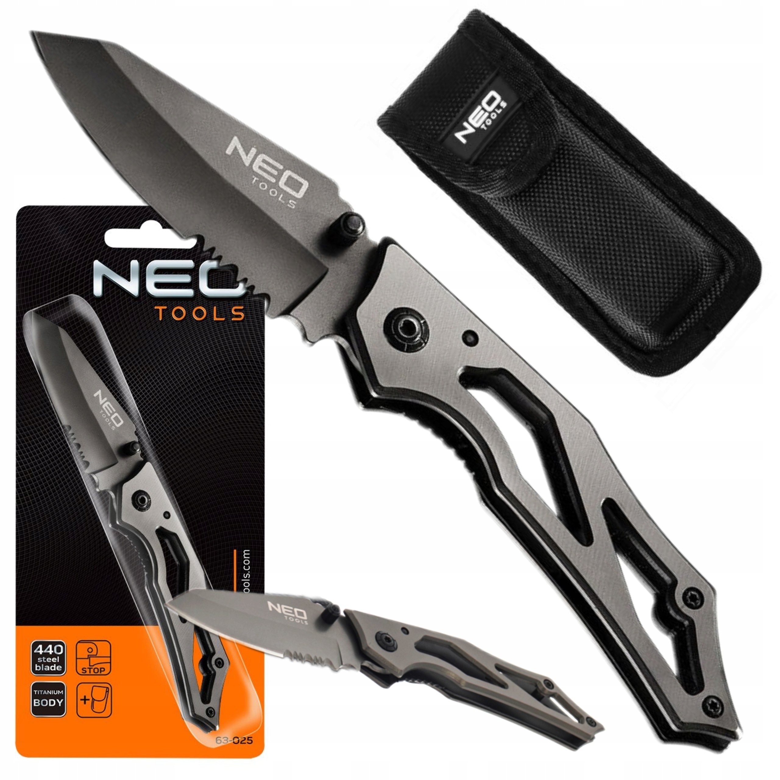 NEO TOOLS 63-025 NÓŻ SKŁADANY 16,7cm Z BLOKADĄ TYTANOWA OBUDOWA +ETUI