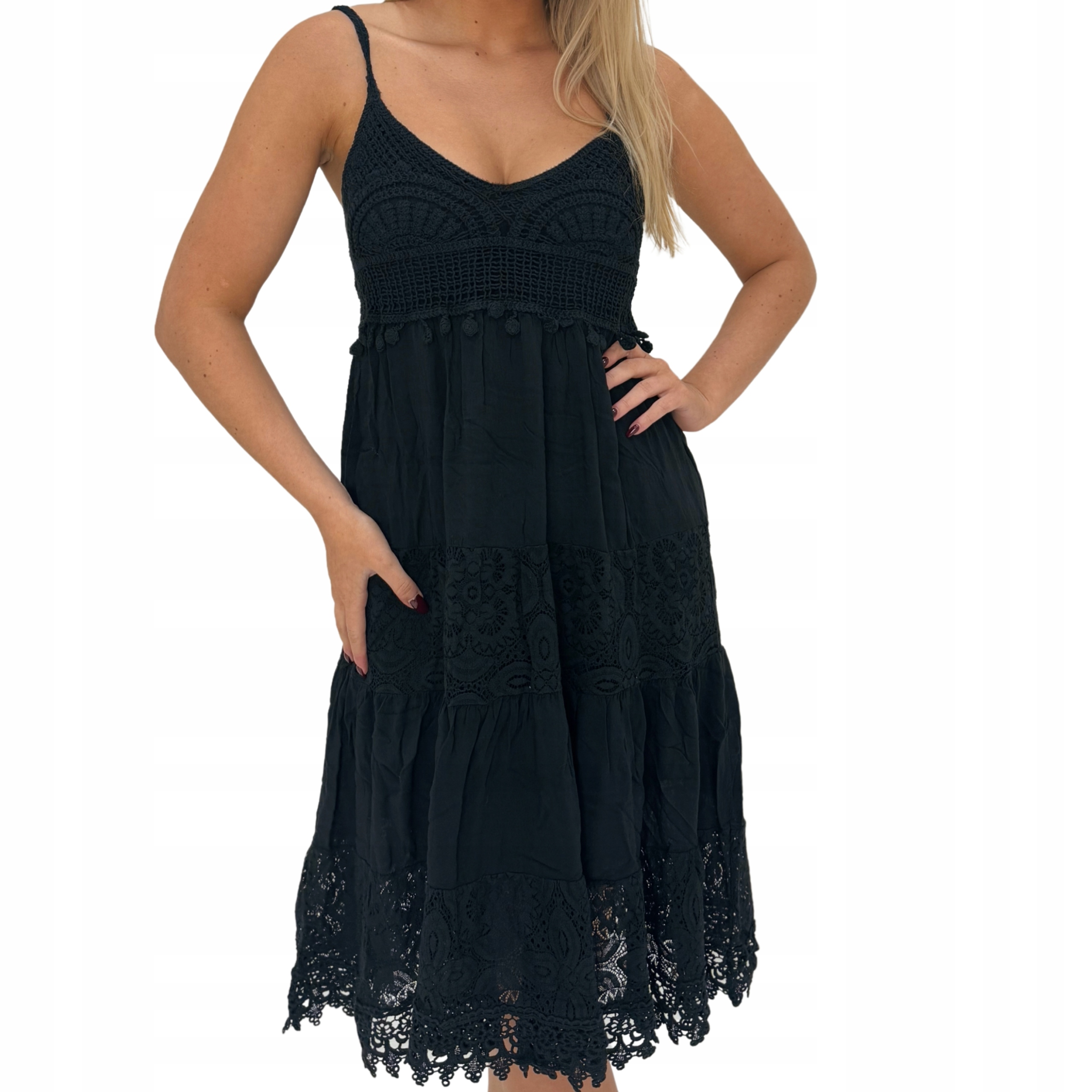 Šaty s háčkovaným horním dílem a krajkou, odstřihnutá, Modna, černá, M