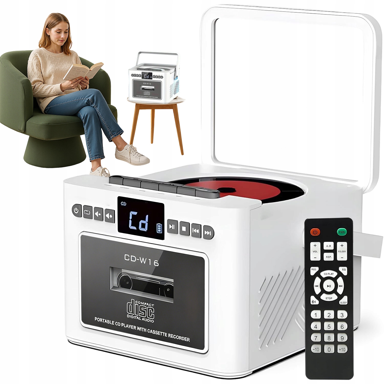 Přenosný Přehrávač CD Kazeta Rádio Fm Bluetooth Dálkové Ovládání Nabíjení Type-c