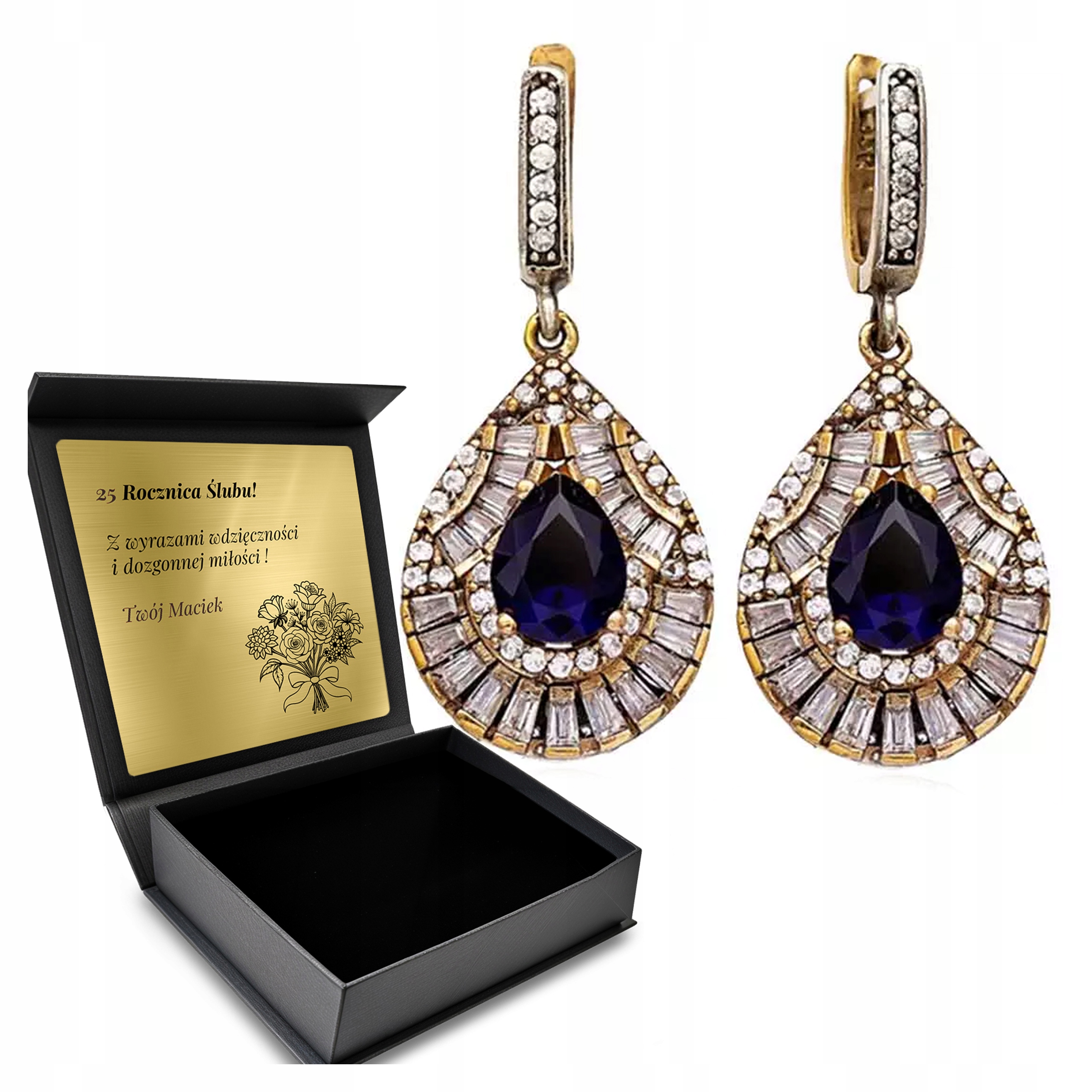 Stříbrné Náušnice 925 Zirkony Safír Dárek pro ženu Gravírování Bonus