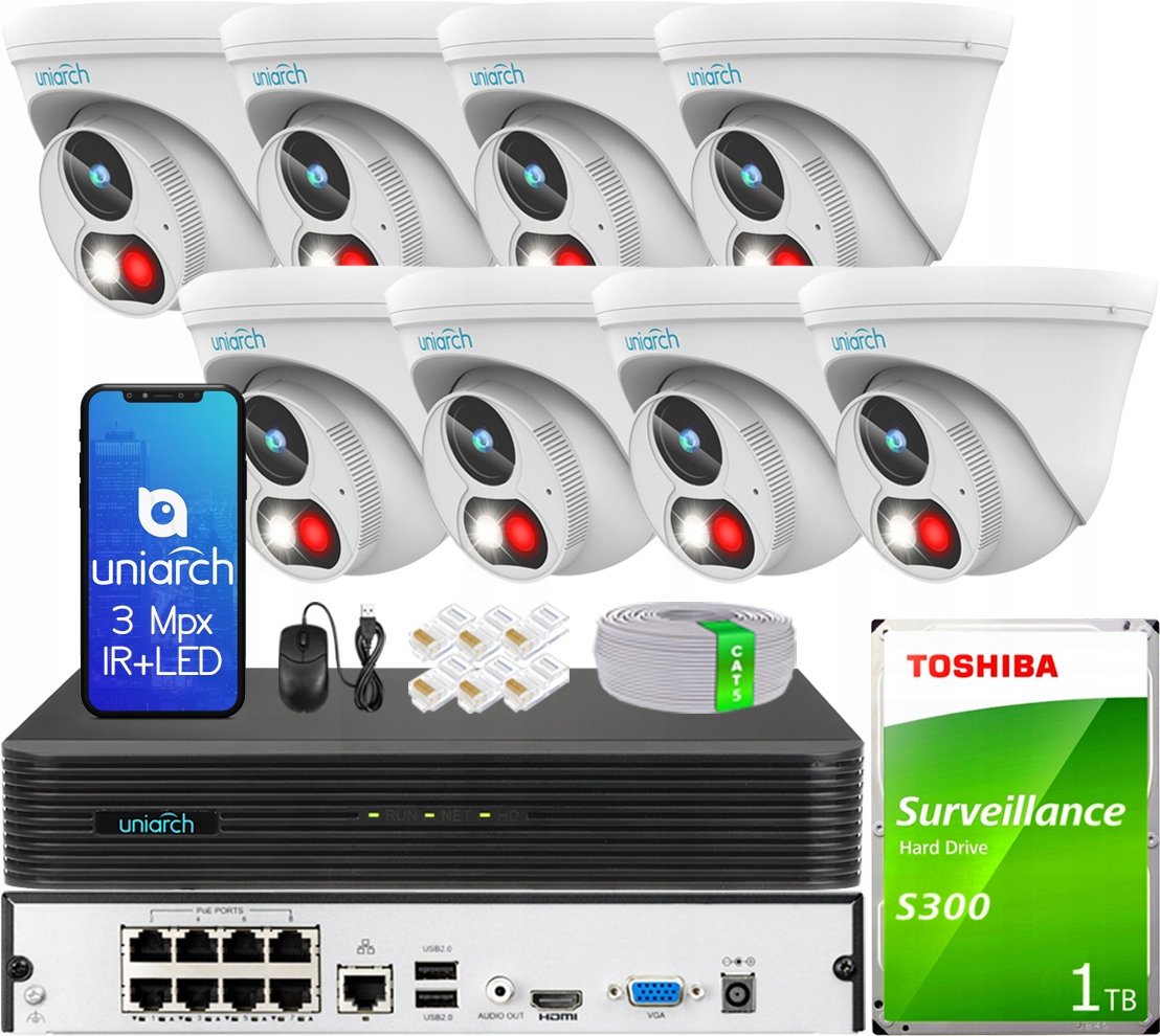 Kompletny Monitoring IP Na 8 Kamer Uniarch 3Mpx Rejestrator PoE Dysk 1TB