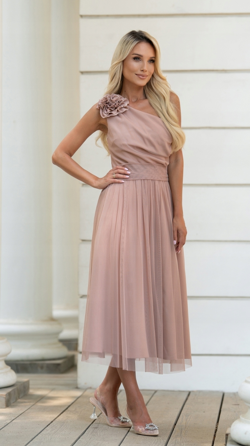 Mon Cheri sukienka na wesele koktajlowa glamour midi cappuccino Lori r.44