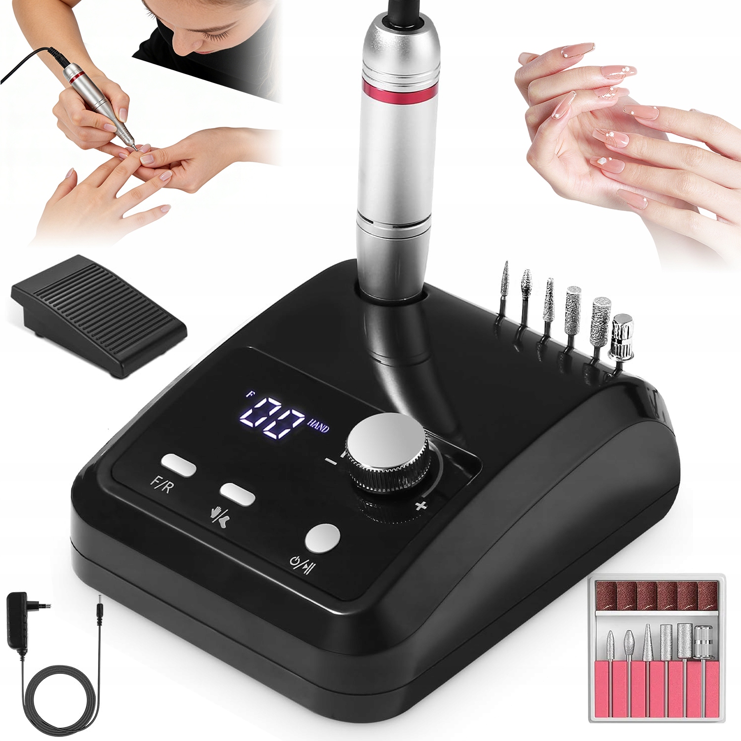 Bruska Na Nehty 45000 Rpm S LCD Pedálem Regulace Rychlosti Sada