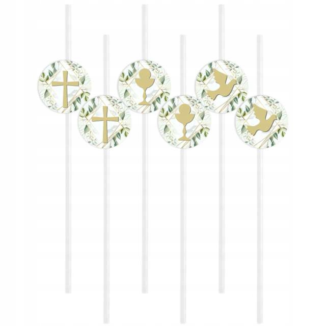 SŁOMKI papierowe KOMUNIA ŚWIĘTA listki BIAŁE x6