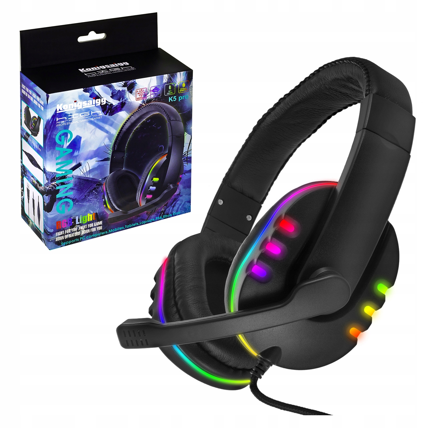 SŁUCHAWKI GAMINGOWE DLA GRACZY MIKROFON LED RGB PC Materiał tworzywo sztuczne