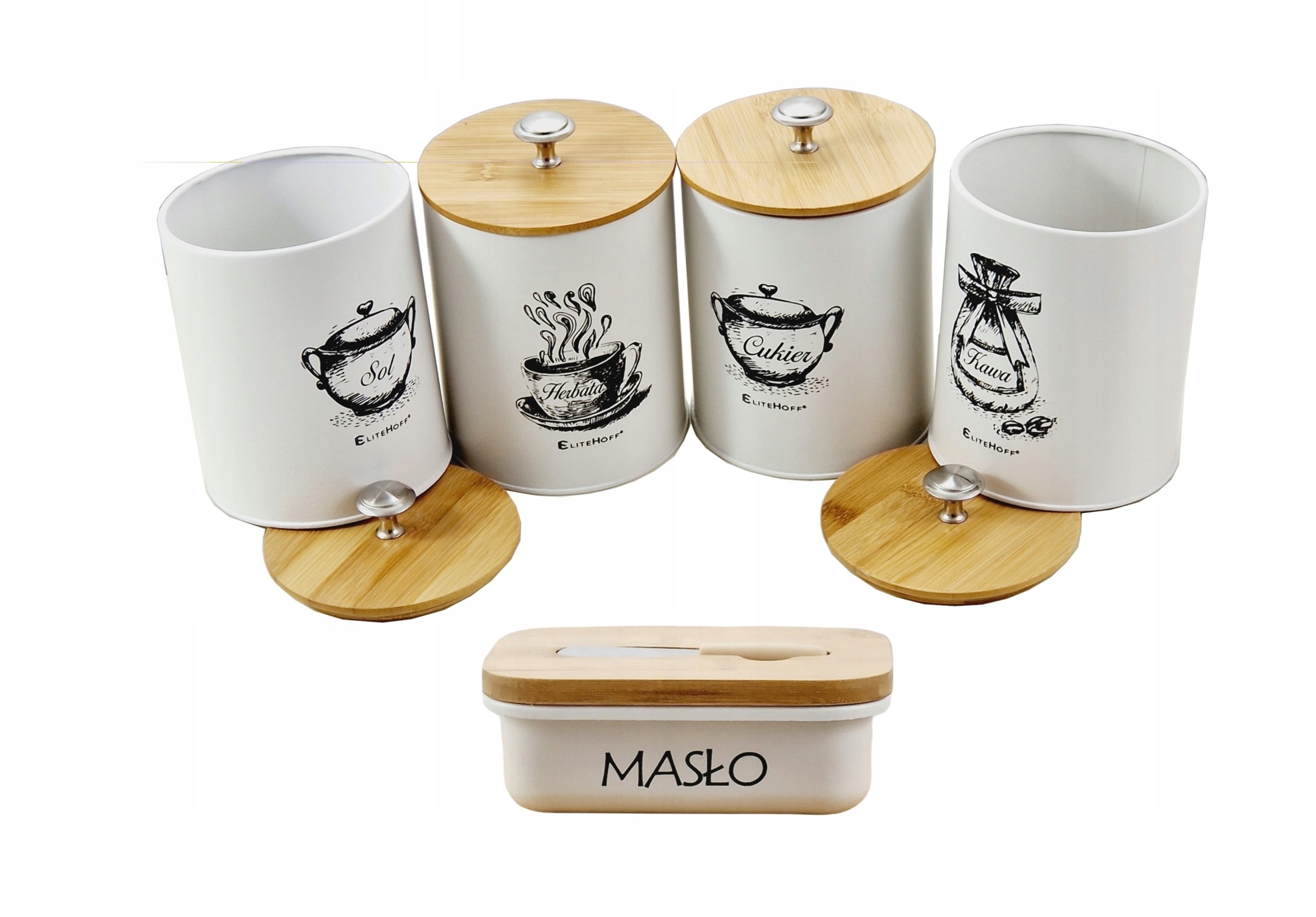 ZESTAW 4 POJEMNIKÓW KUCHENNYCH I MASELNICZKA E-6056 Kolor biały