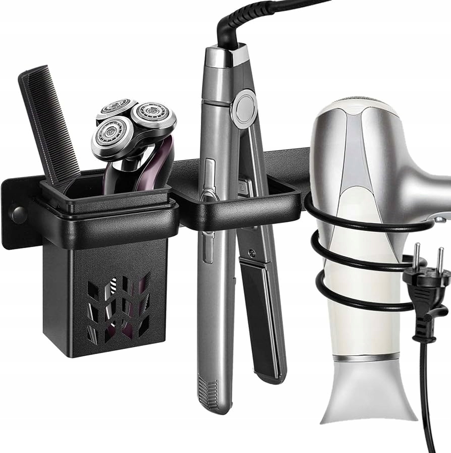 Nástěnný držák na vysoušeč vlasů Držák na žehličku S Poličkou Černý