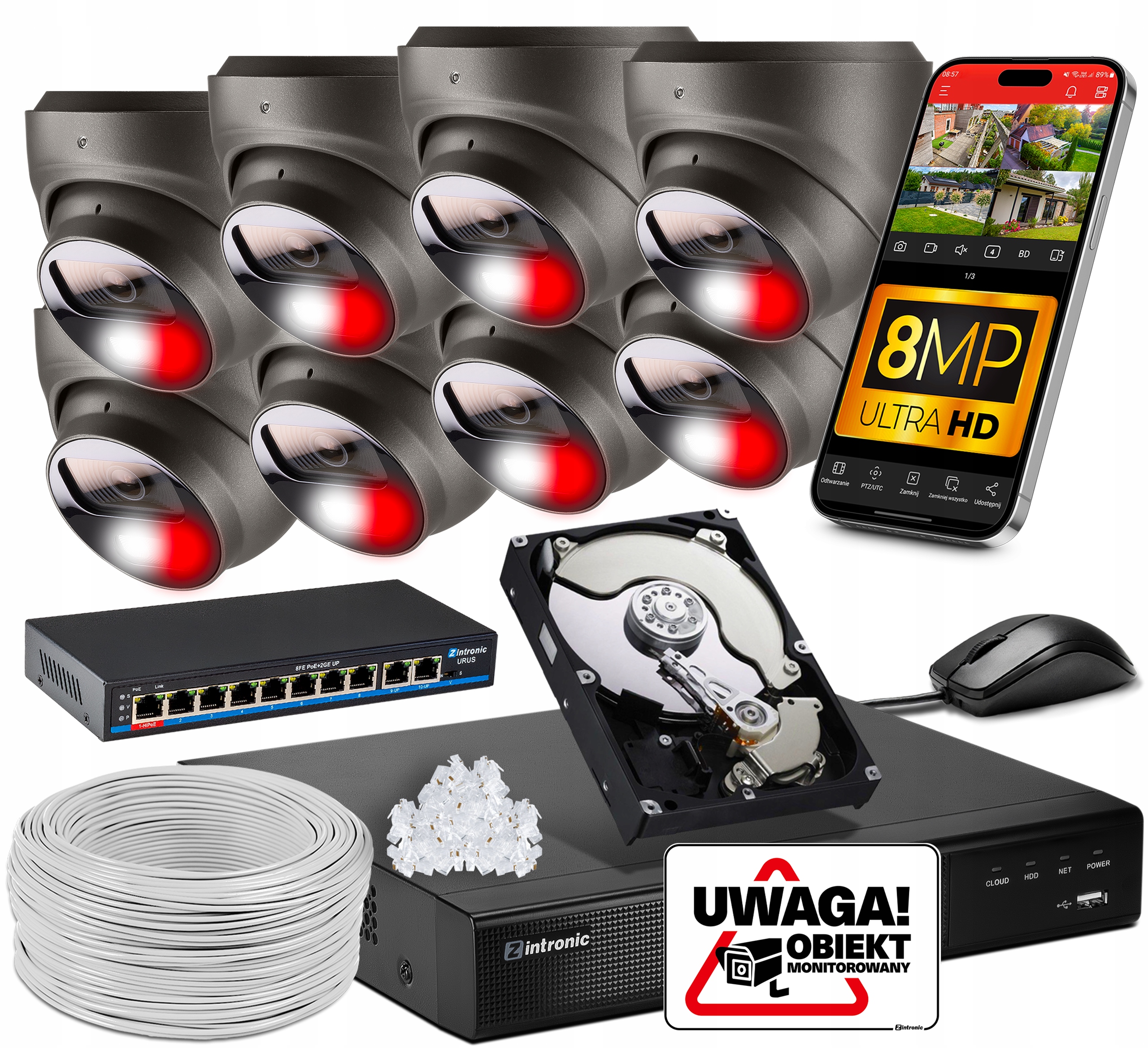 Sada pro Monitorování 8 kamer Poe 4K Ultra Hd 8Mpx Šedá Detekce 1TB přepínač