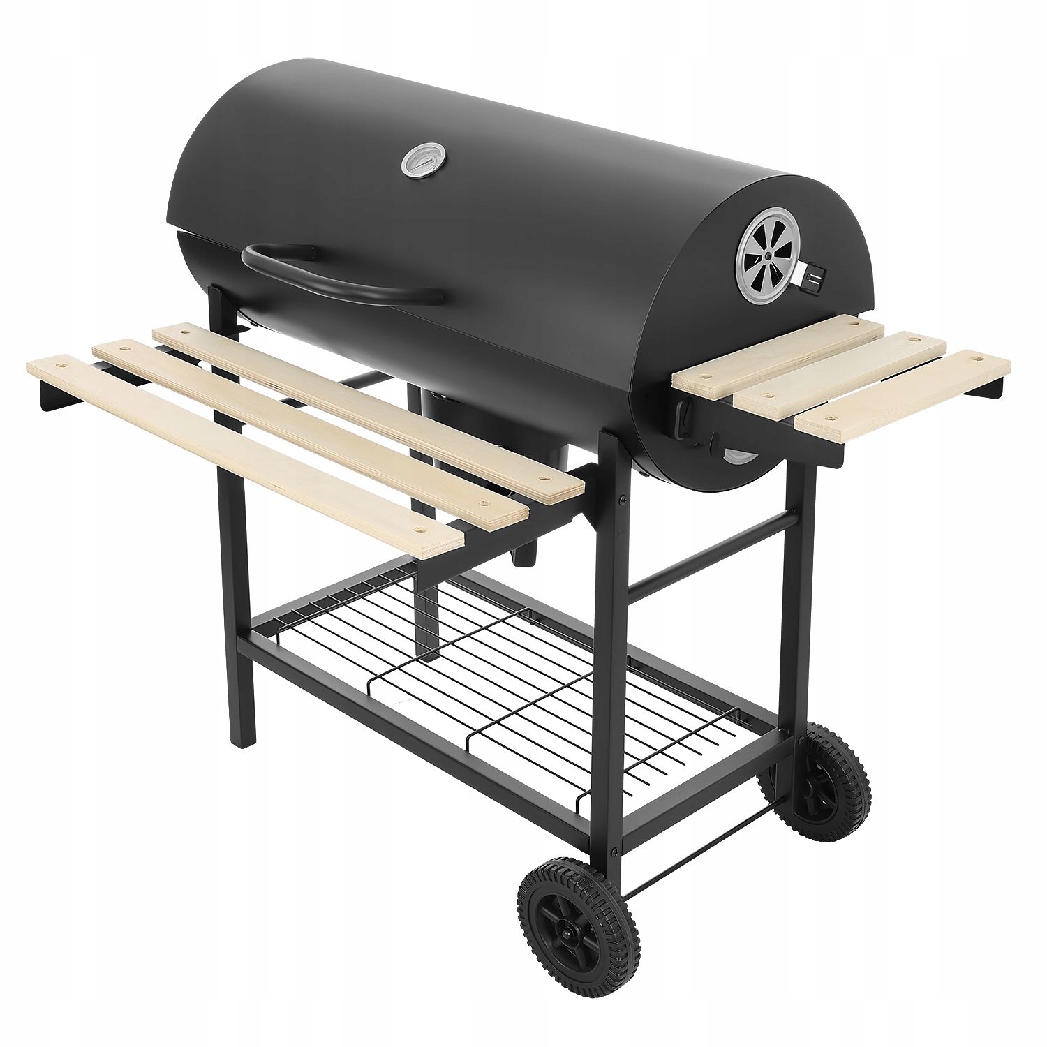 Duży zamykany grill węglowy ogrodowy na kółkach z półkami i paleniskiem Głębokość grilla 66 cm