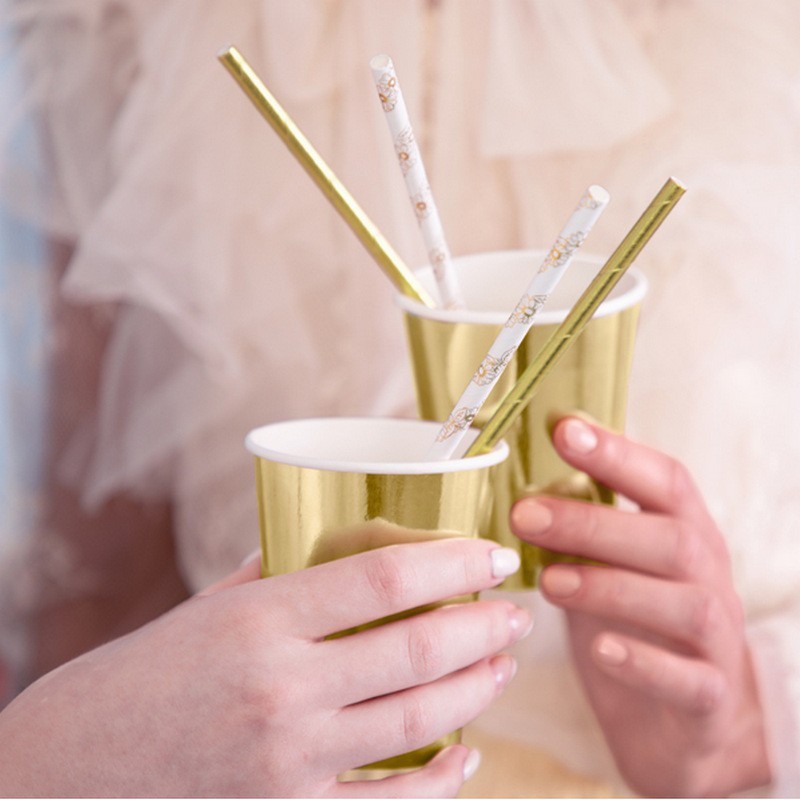 SŁOMKI papierowe białe ZŁOTE KWIATY 10szt Marka Party Deco