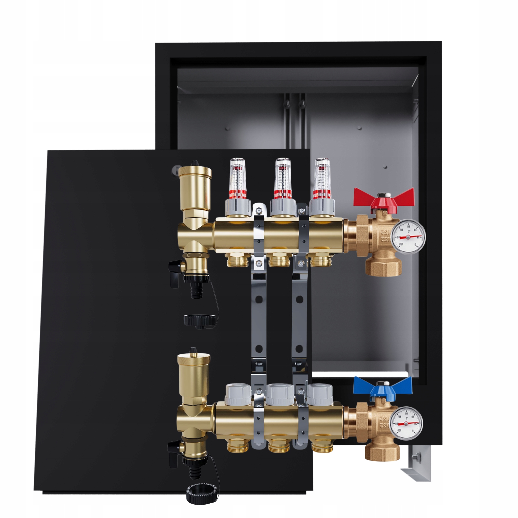 Rozdělovač Pro Podlahovou Krytinu, 3 Okruhy S Podomítkovou Skříňkou, Černý Ventily