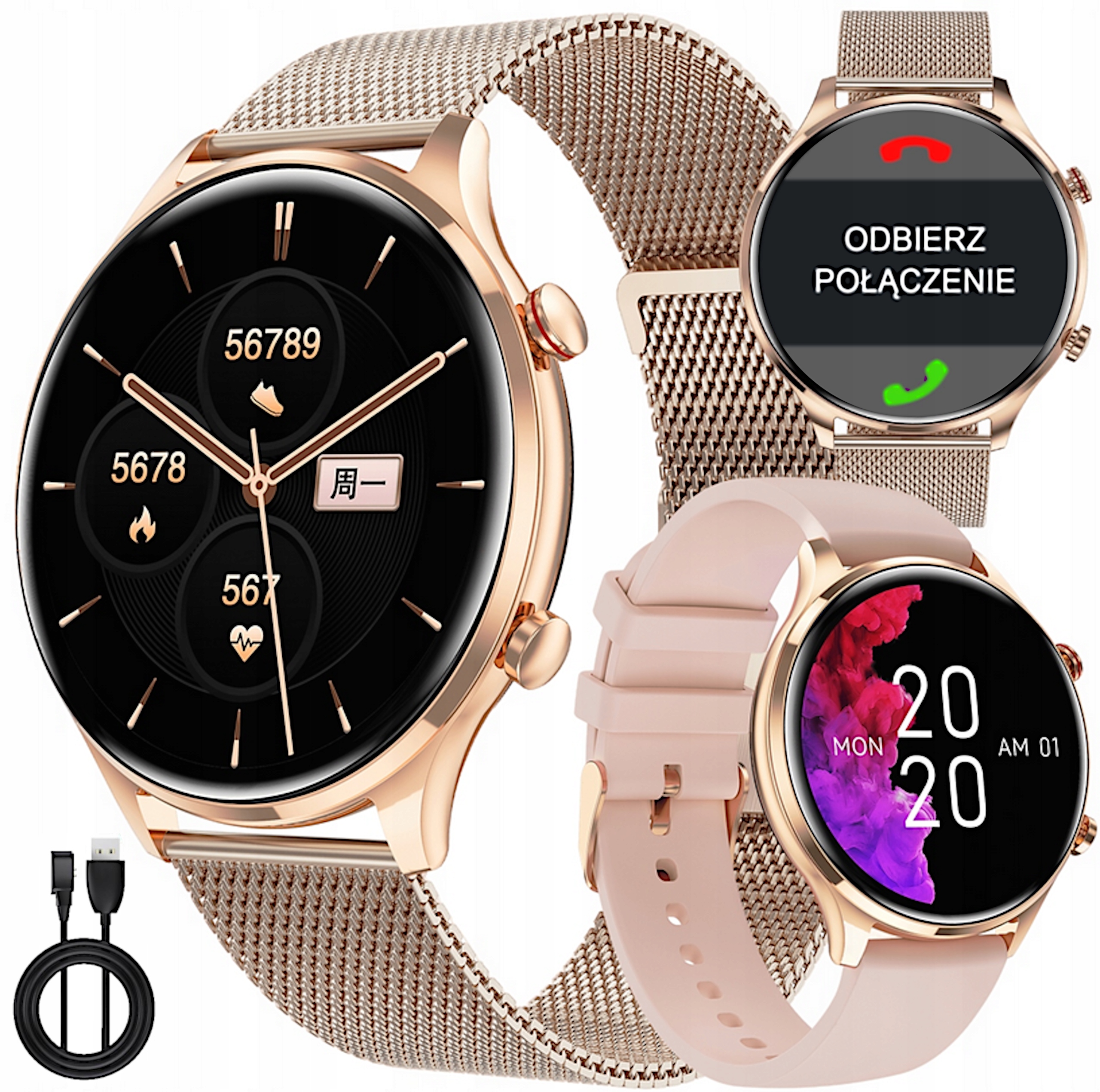 SMARTWATCH DAMSKI Z FUNKCJĄ ROZMÓW CIŚNIENIE PULS POLSKIE MENU 2 paski
