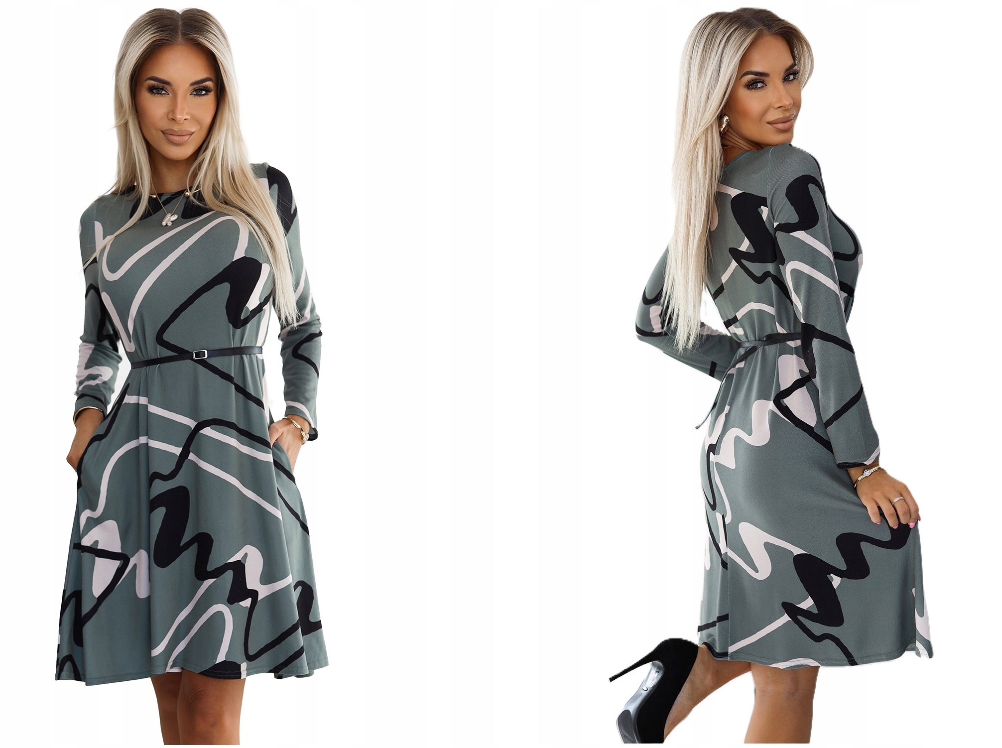 Svetrová Teplá Šaty S Páskem, Ideální Na Podzim, Olivová Barva, Velikost L/XL