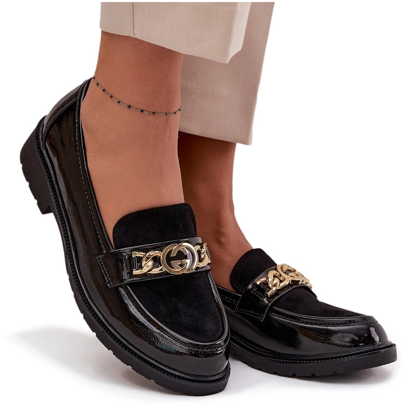 Dámské Lakované Mokasíny Zlatá Ozdoba S.barski HY52-540 Černé 37