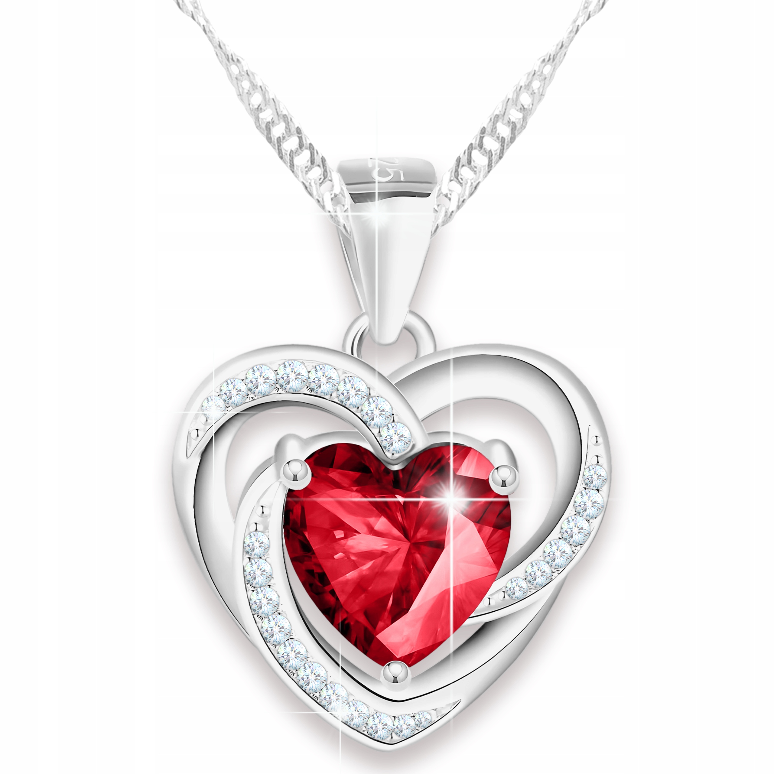 Stříbrný Náhrdelník Dvojité Srdíčko se Zirkony a Červeným Srdcem Stříbro 925