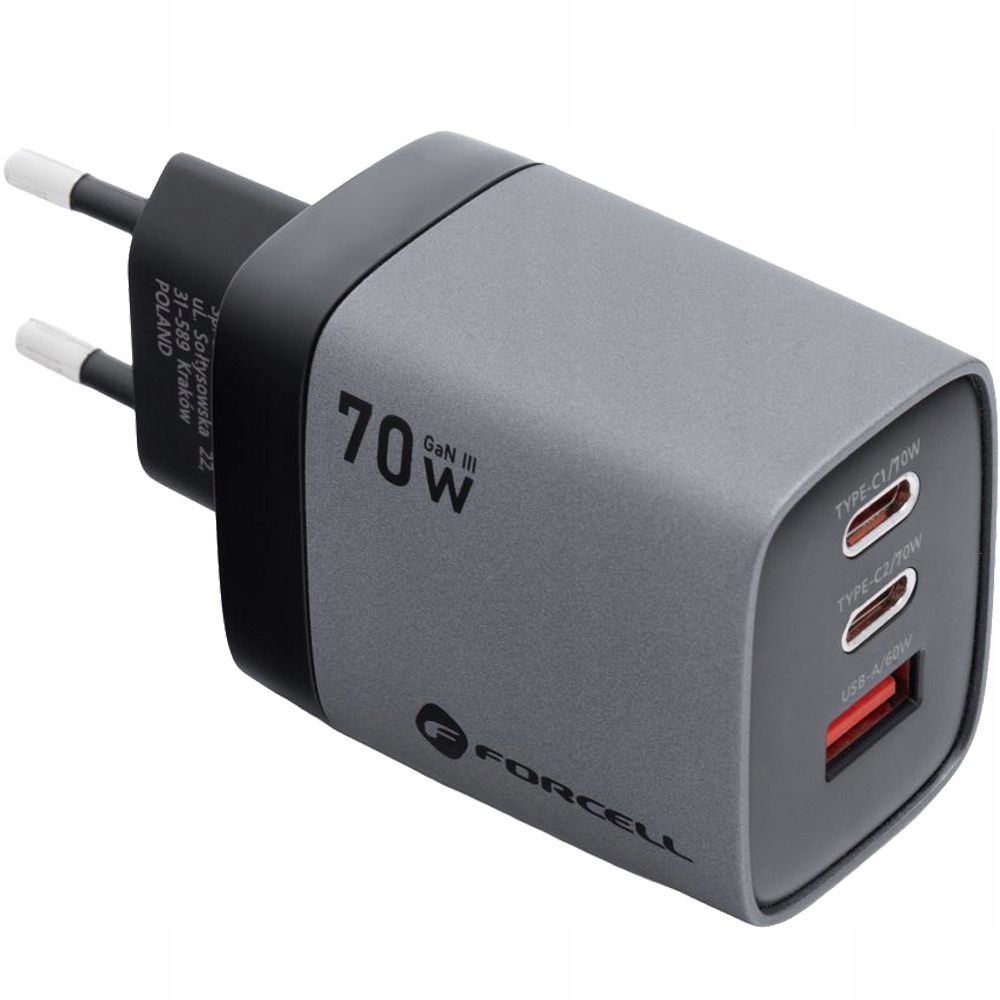 Szybka Ładowarka Sieciowa 70W 2xUSB-C Usb-a Pd Qc 4.0 GaN Kostka forcell