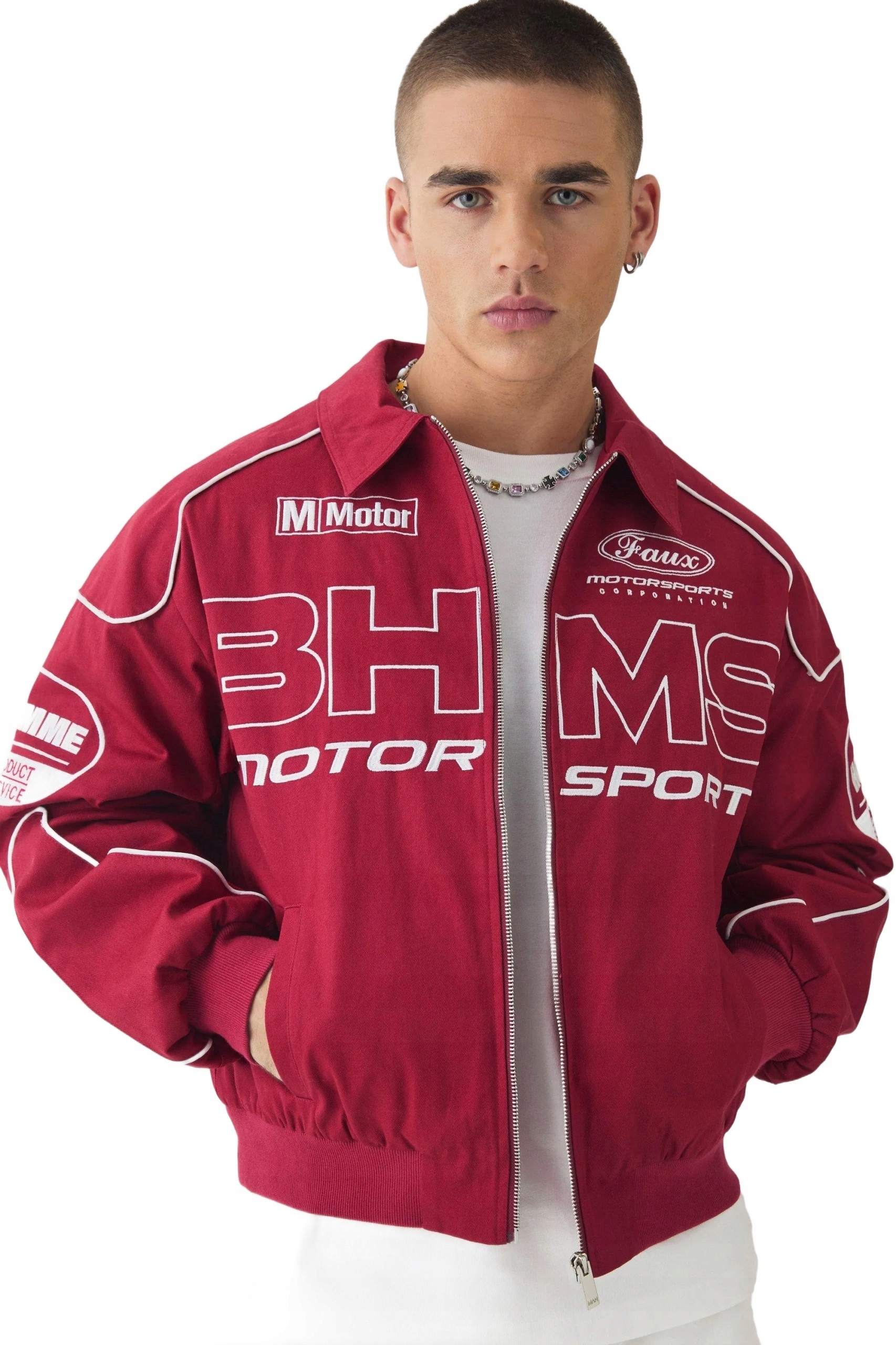 Boohooman Pánská Bunda Bomber Červená S Potiskem Až K Bokům M Z3A