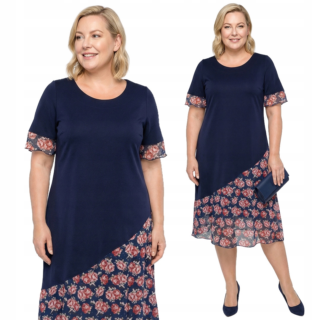 Šaty s modrým spodním dílem a růžovými květy plus size velikost 56