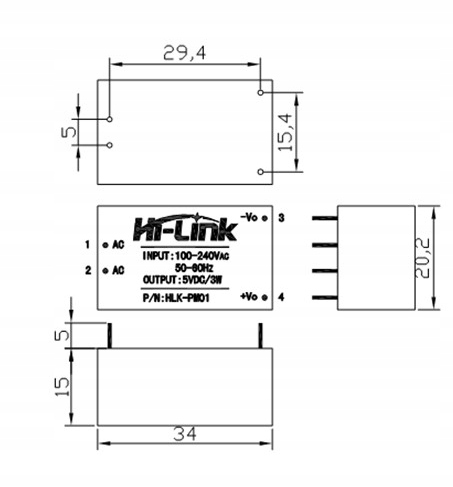 Zasilacz 240V / Vout 3.3V 3W 900mA HLK-PM03 AC/DC Producent Inna
