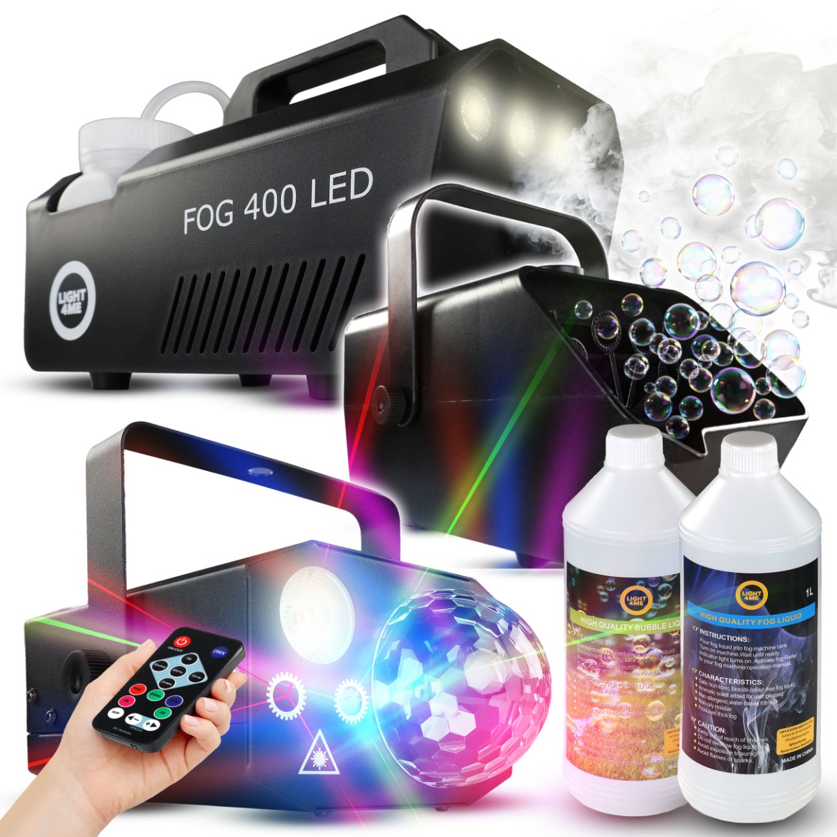 Zestaw Imprezowy Wytwornica Dymu Baniek Kula Disco Lasery Rgbw Led 2 Płyny