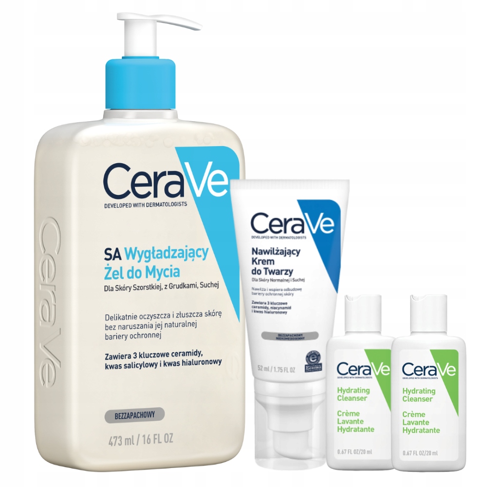 CeraVe Zestaw Nawilżający Krem do Twarzy 52ml, Żel Wygładzający 473ml
