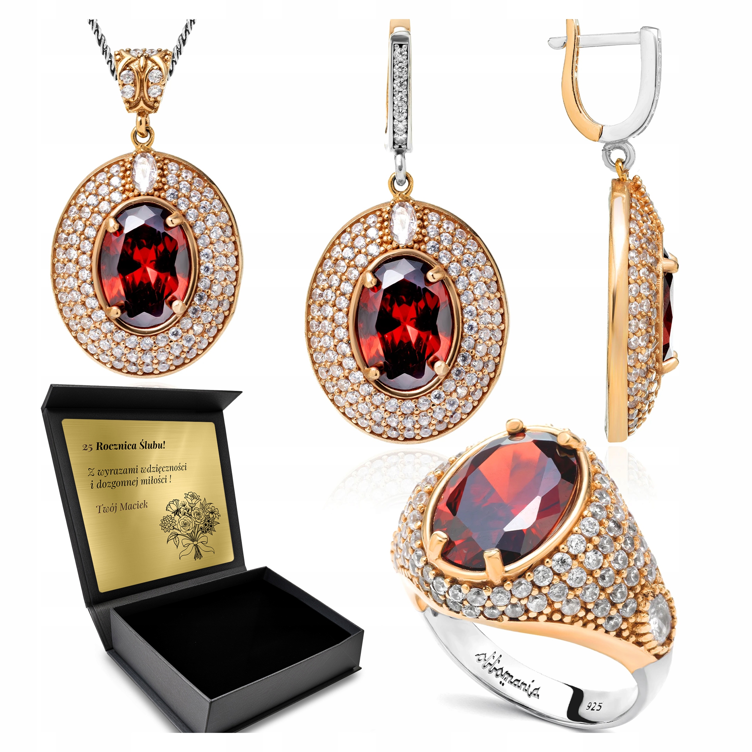 Komplet Stříbrných Šperků 925 Zirkony Granátová Sada Pro Ženy Gravírování