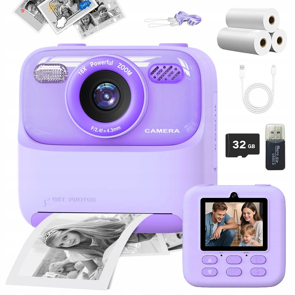 Mini Tiskárna Instantní Termální Fotoaparát 3 Rolí Fialová
