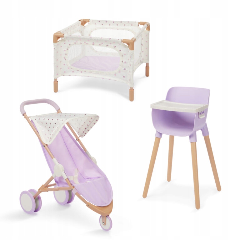 LullaBaby: zestaw dla lalki – krzesełko do karmienia, kojec spacerówka Lila