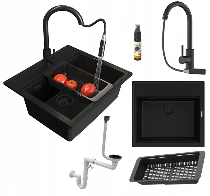 Granitový drez Čierny Verno Sada Drezov batéria čierna Loseto sifón