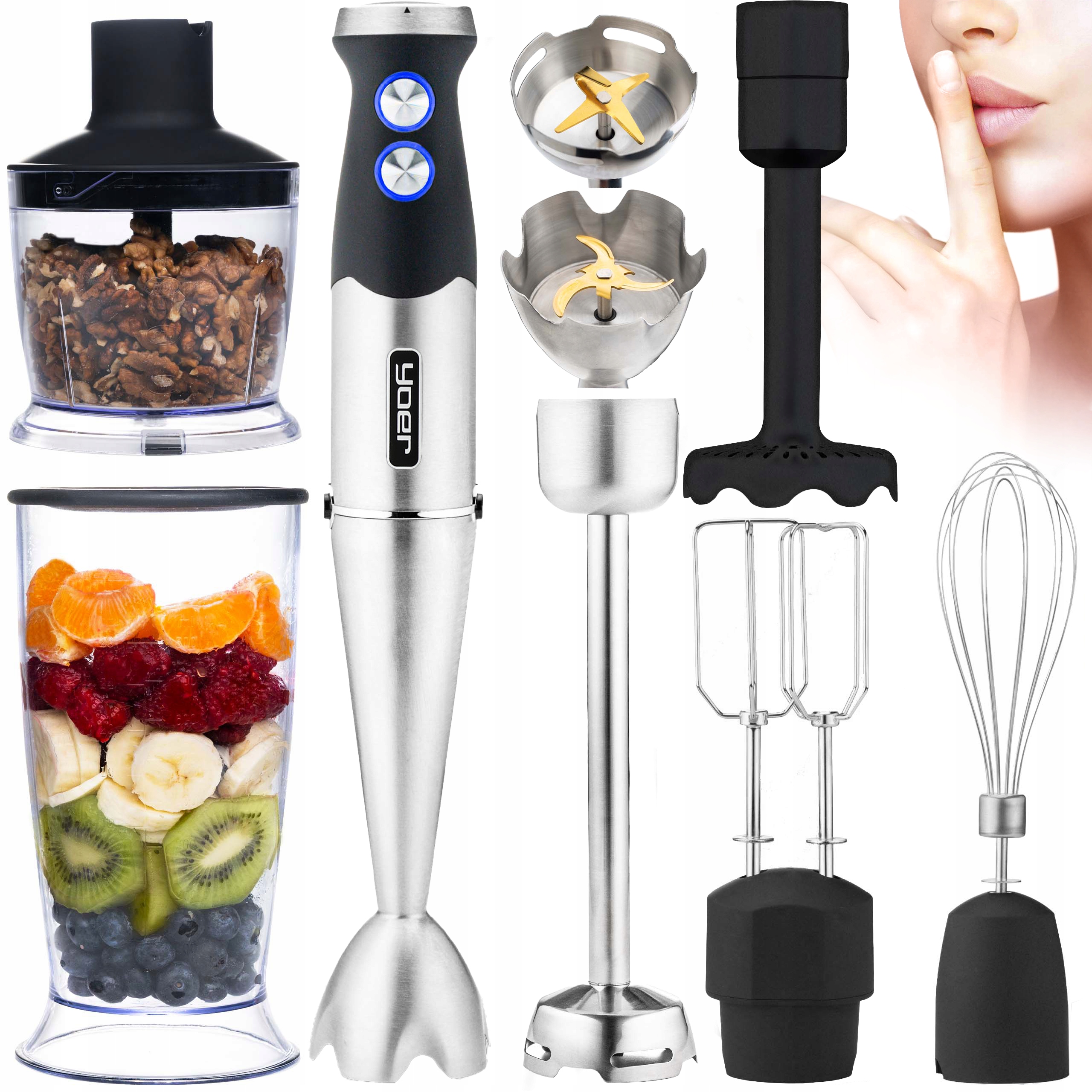 Blender ręczny wielofunkcyjny 8w1 Yoer +Tytanowe ostrza 1500W +14 Elementów