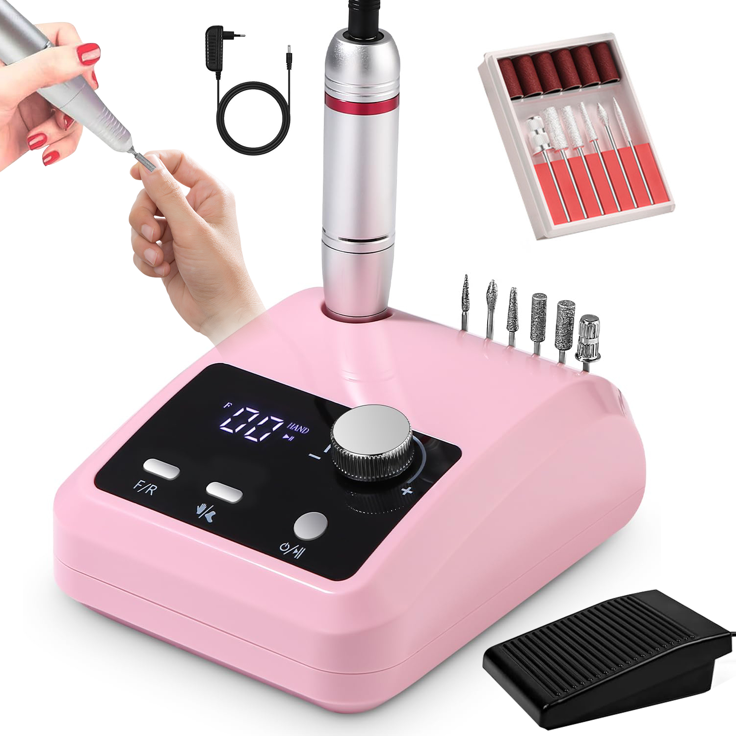 Elektrický Pilník Na Nehty 45000 Rpm S LCD Displejem, Pedál, Růžový