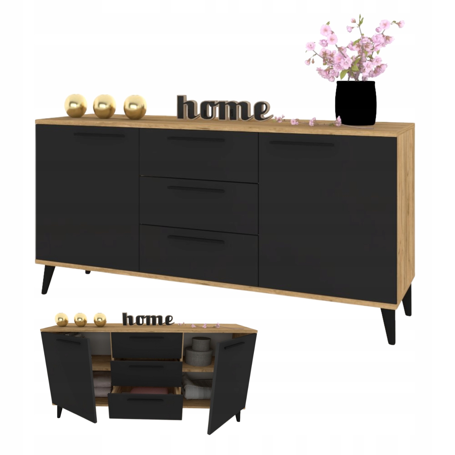 Velká komoda se zásuvkami Rtv skříňka do obývacího pokoje Dub Craft Zlatý ČernýMat 150
