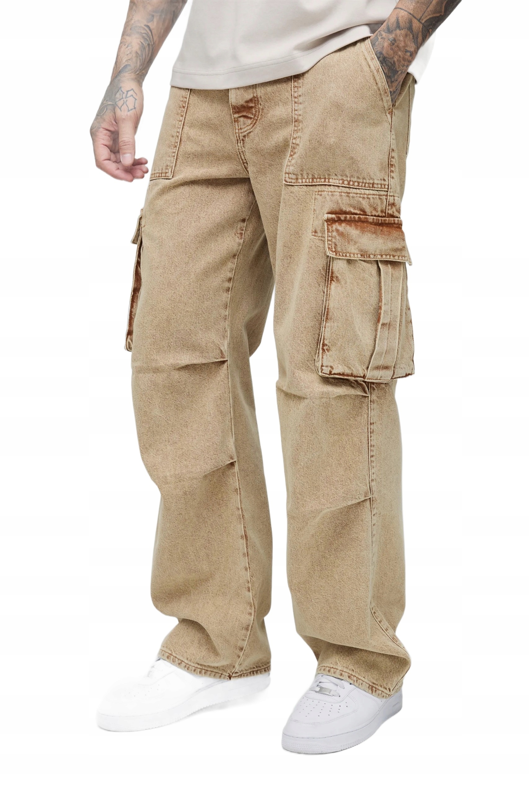 Boohooman Pánské Volné Béžové Džíny S Cargo Kapsami 34 Z3A