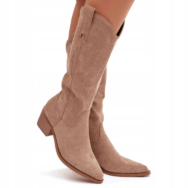 Kozačky Kovbojské Boty Eko Semiš Zkosený Podpatek Na Zip Khaki 40