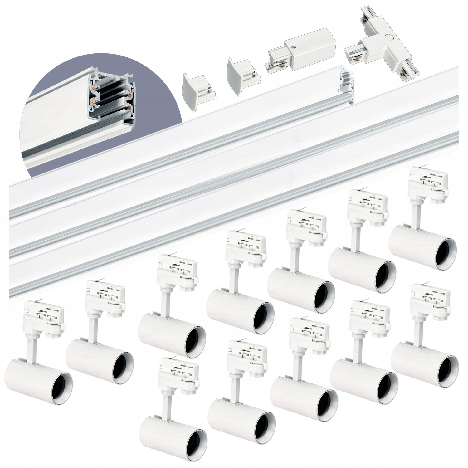 Sada kolejnicová 3-fázová kolejnice 1m+2m+2m, 12x Lampa, spojka T Bílá sada