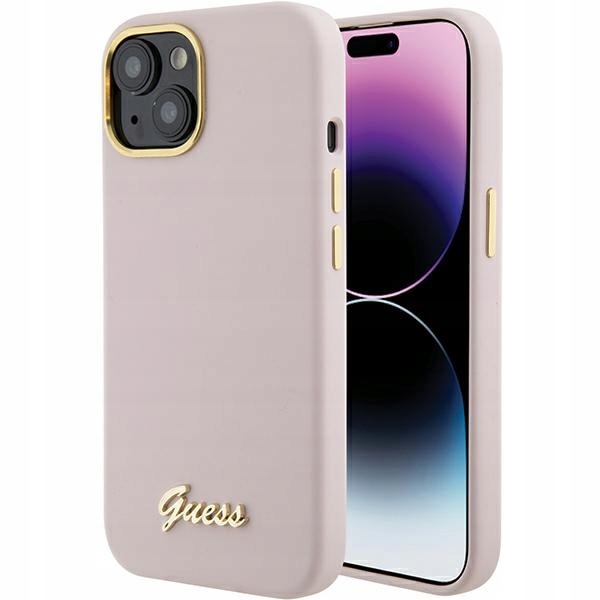 Pouzdro pro iPhone 15 Guess Silicone Metal Logo Růžové