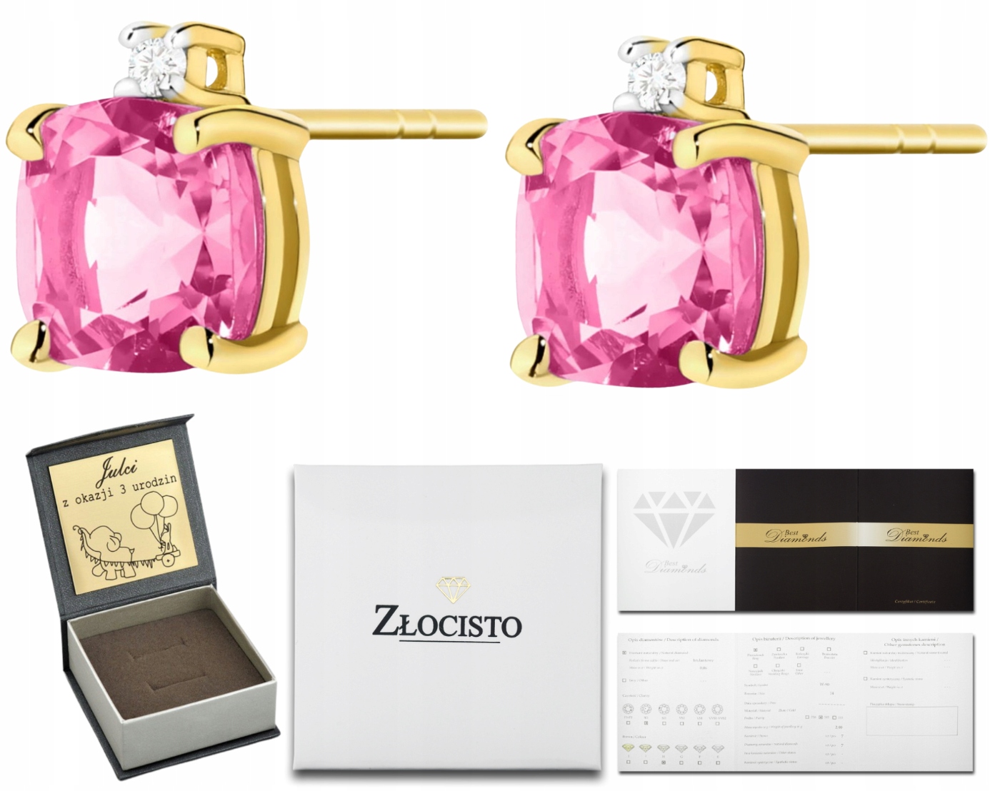 Zlaté Náušnice S Růžovým Topazem Diamanty Brilianty Zlatá Tyčinka 585