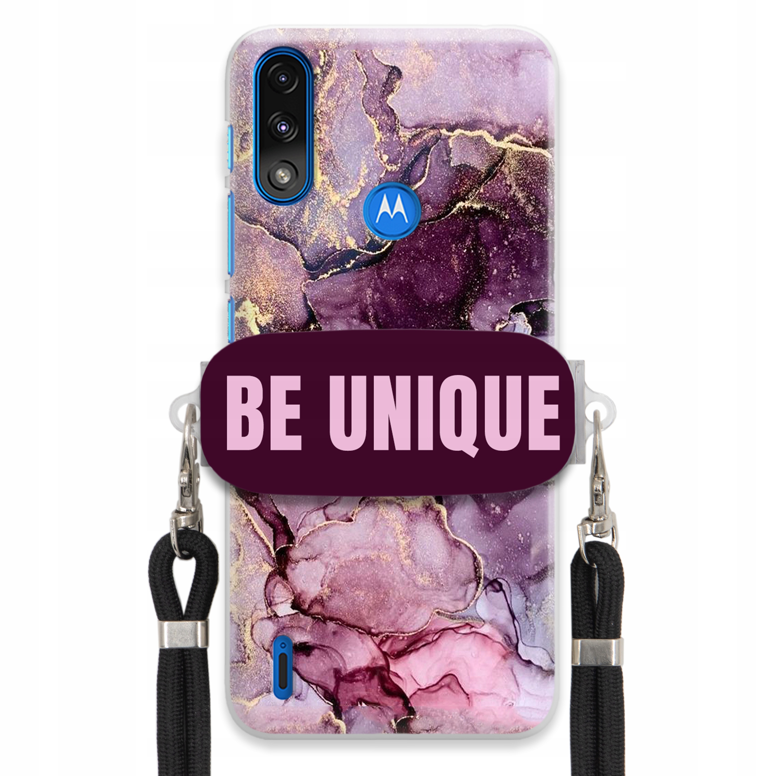 Puzdro pre Motorola E7 POWER/E7i Úchyt Šnúrka čierna Unique Fialová Mramor