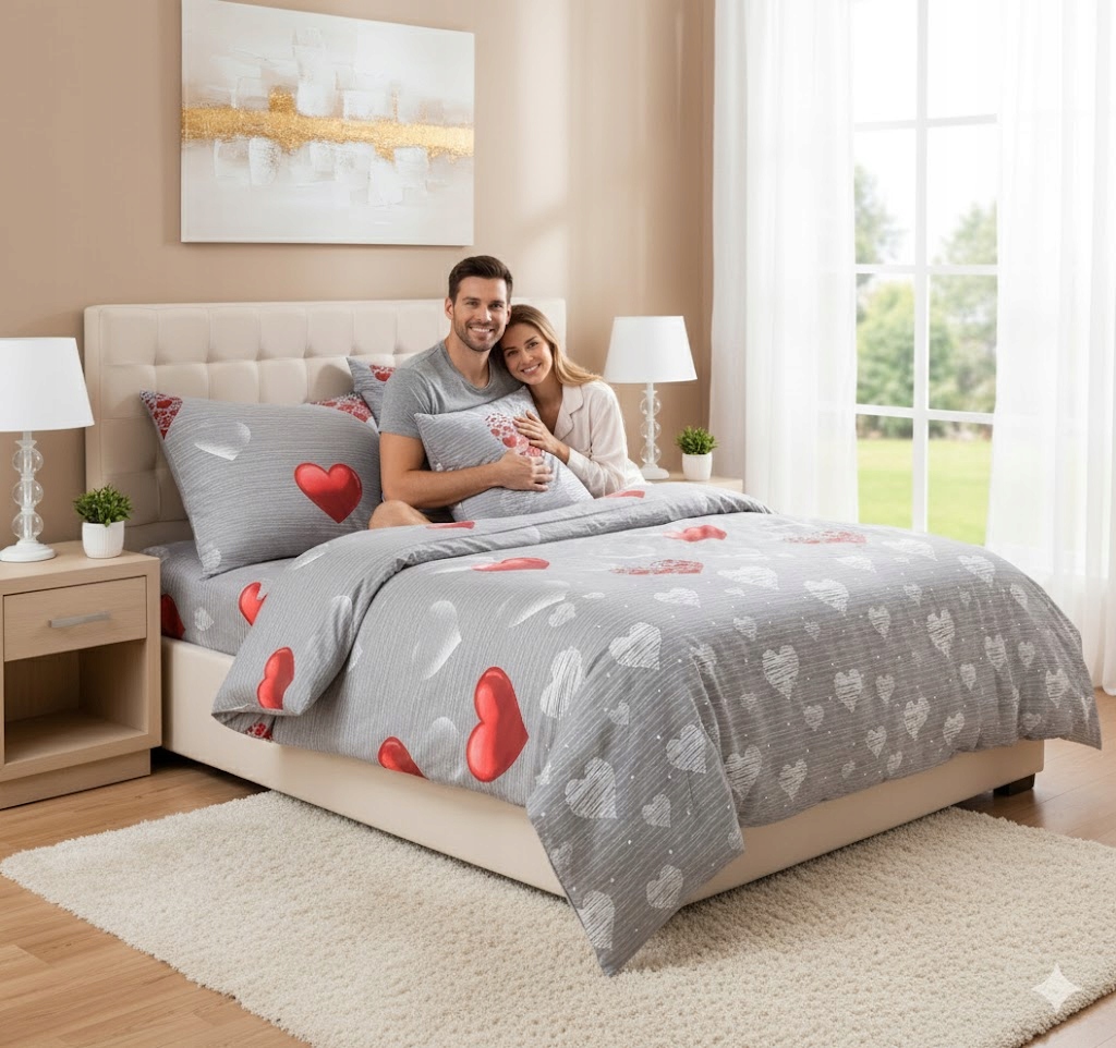 3dílná sada povlečení na peřinu z bavlny s červeným srdíčkem v šedé barvě, romantický styl 160×200