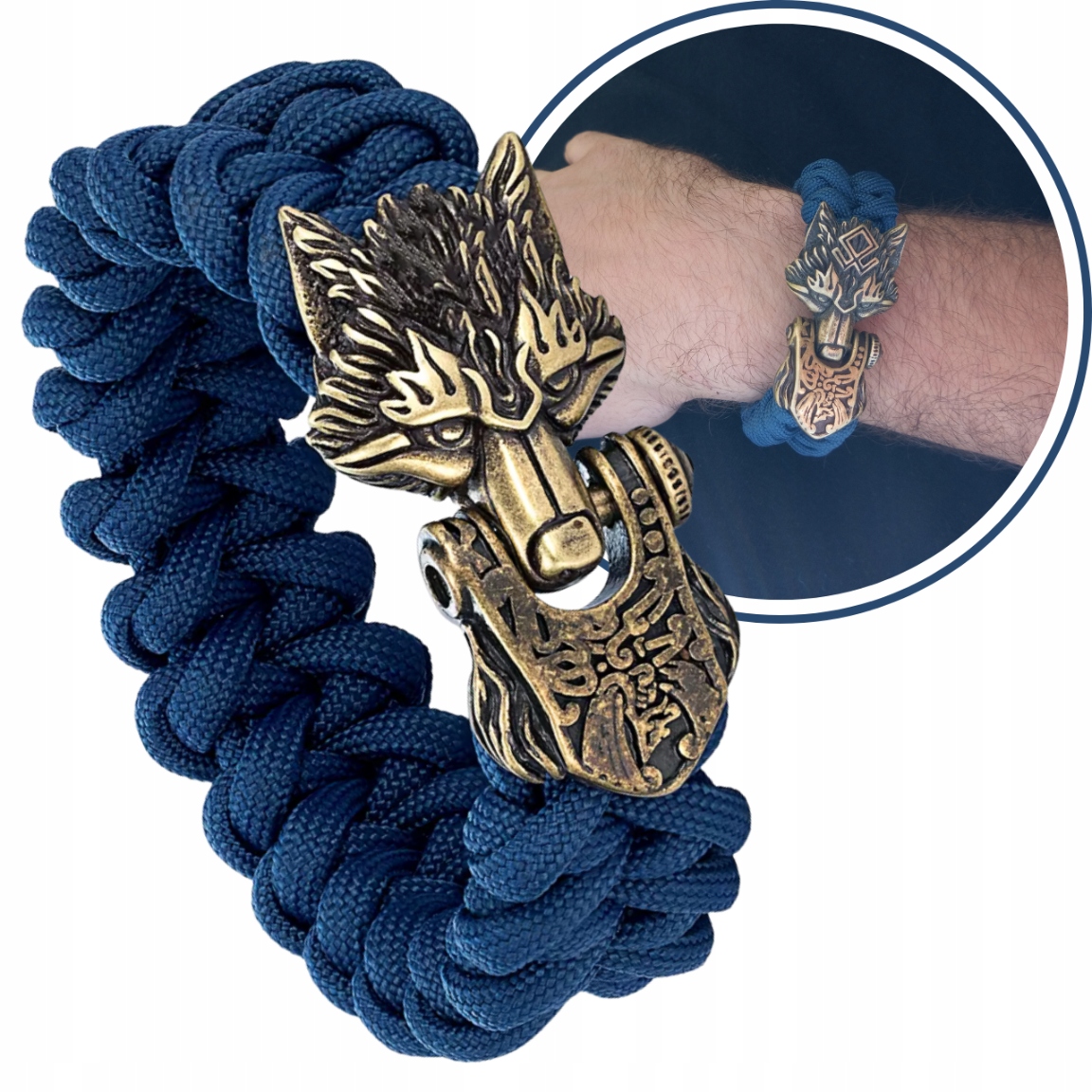Pánský elegantní Dárek Pánský Náramek z pletené paracord šňůry Vlk Viking tmavě modrá