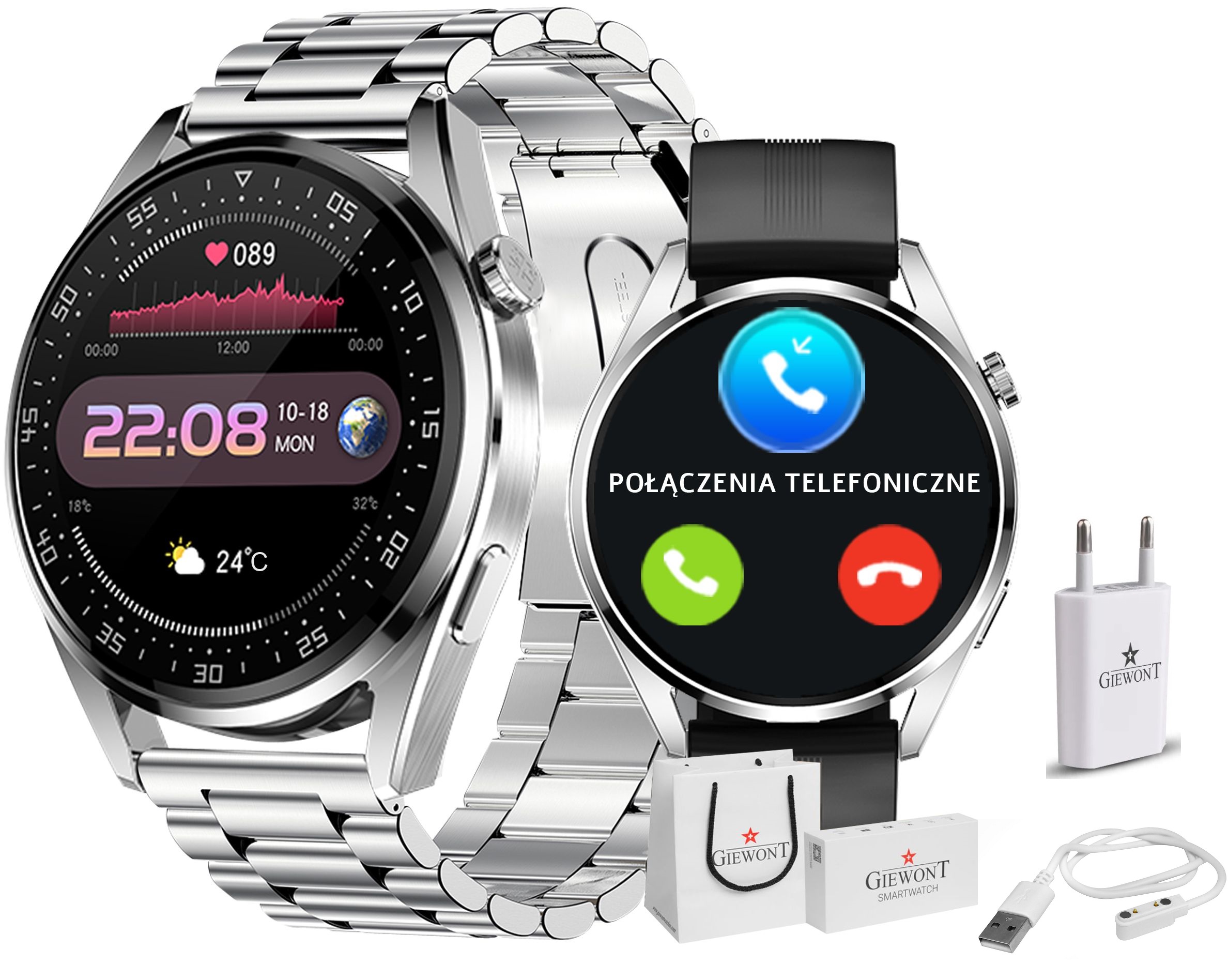 

Zegarek Męski Smartwatch Rozmowy Sms Puls 2 Paski