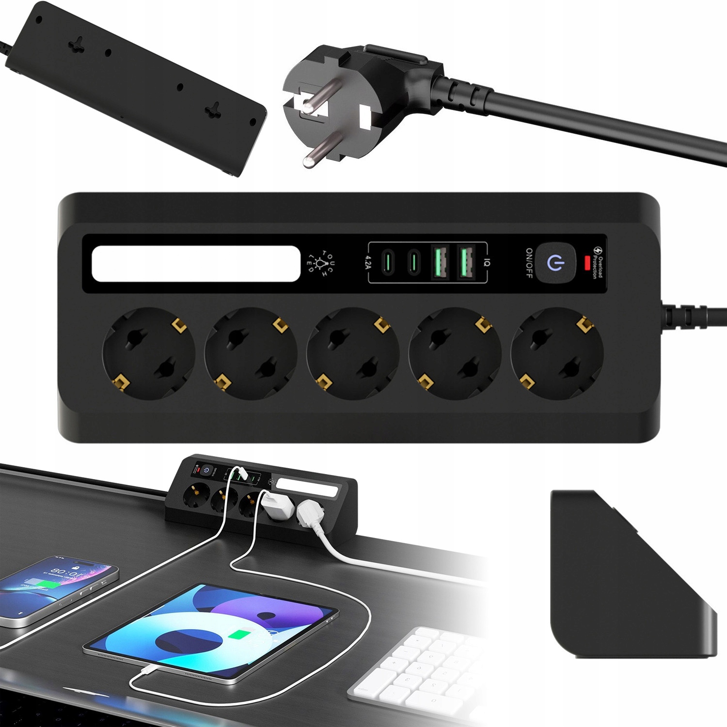 Prodlužovací Kabel Zásuvková Lišta 1.8 M 5 Zásuvek 4X Usb Nabíječka