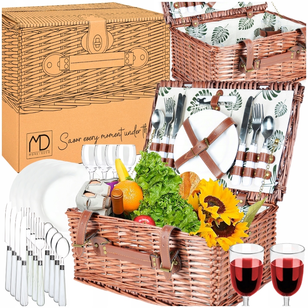 KOSZ PIKNIKOWY WIKLINOWY ZESTAW NA PLAŻE DLA 4 OSÓB TALERZAMI KIELISZKAMI